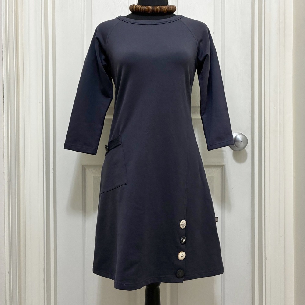 NEW Apsara Organic‎ Cotton Dress Charcoal Gray 3/4 Sleeve Small Minimalist Eco